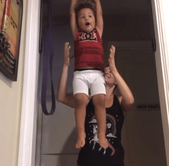 Christina Jogoleff exercises with her son