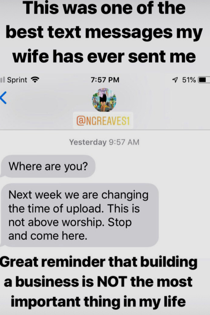 Sometimes preserving work life balance looks like this text message from a wife to a business owner to stop working and come to church